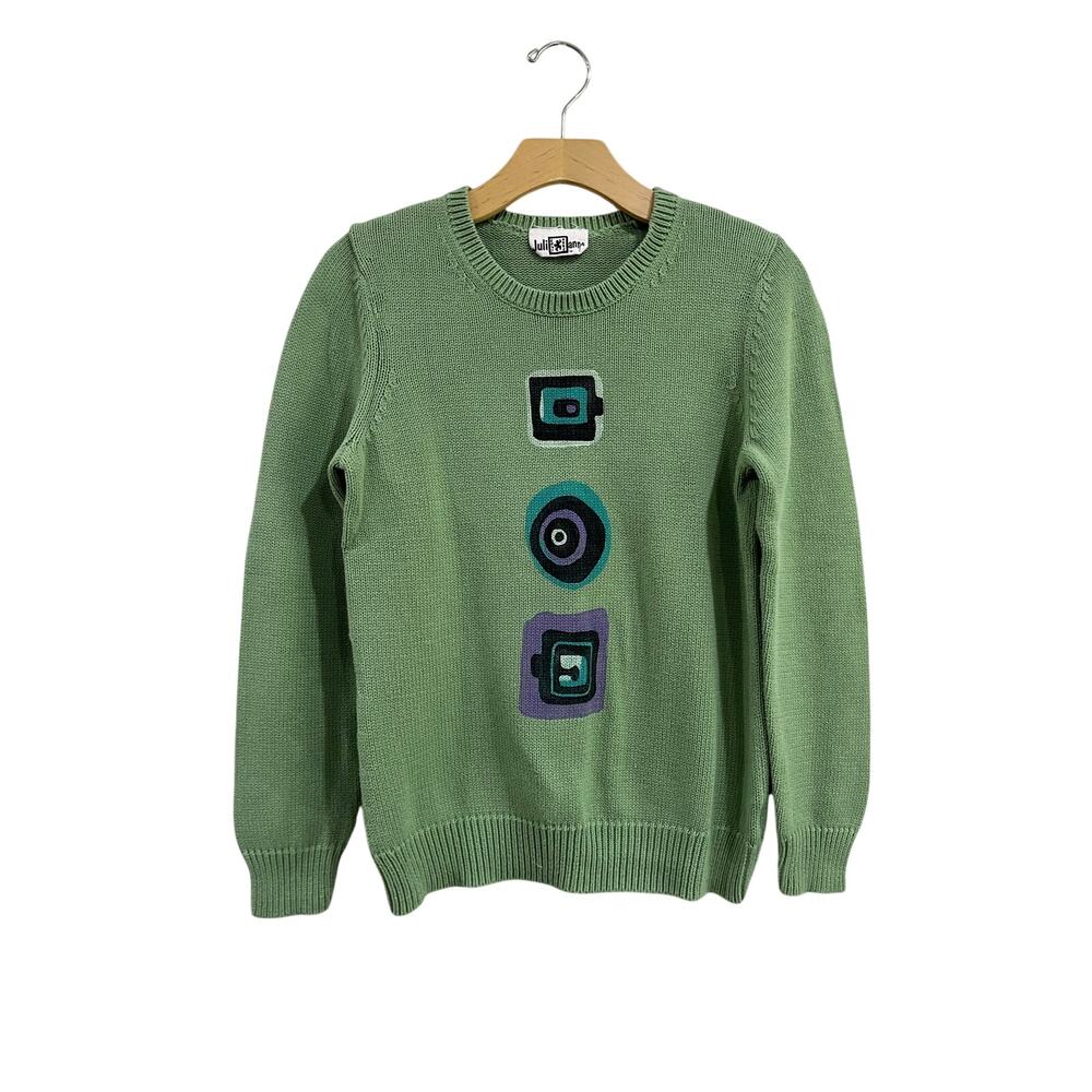 Julianne Vintage Green Art To Wear Sweater Crewneck Graphic Knit Boho Sz M